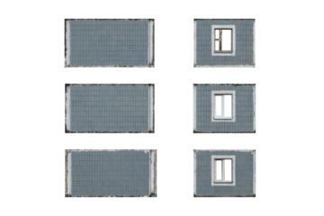 Set of six facade segments from a panel prefabricated style apartment building lined with gray or blue ceramic tile, including elements with plastic-framed windows and walls. Each element is isolated.