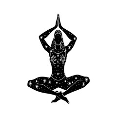 Silhouette of a woman practicing yoga in lotus pose for relaxation and wellness