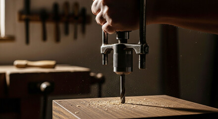 Craftsman's Hand Drilling Wood: Close-up of Manual Drill in Action, Creating Sawdust in a Traditional Workshop Setting