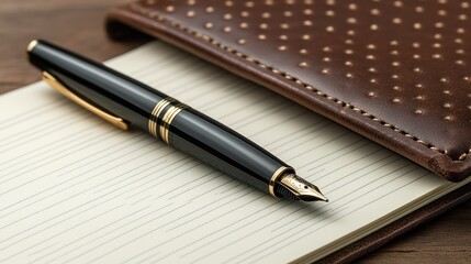 Pen on lined notebook, leather cover