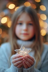 Naklejka premium Warm glow from twinkling lights illuminates child's face holding