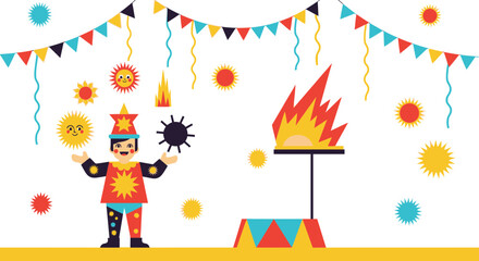 Obraz premium Joyful Circus Performer And Burning Rings Displaying Classic Entertainment Elements
