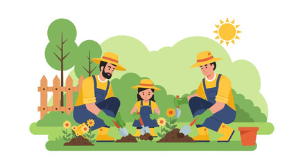 Joyful Family Gardening Together: Fathers and Daughter Planting Flowers in the Garden