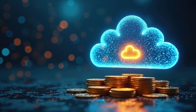 Cloud computing cost efficiency with pay-per-use pricing, resource optimization. Stacks of coins below glowing blue cloud symbolize financial savings in technology infrastructure management,