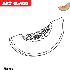 Black and white outline drawing of a cantaloupe slice with visible seeds, perfect for kids’ coloring pages, educational fruit worksheets, printable art activities, healthy food lessons, and craft proj