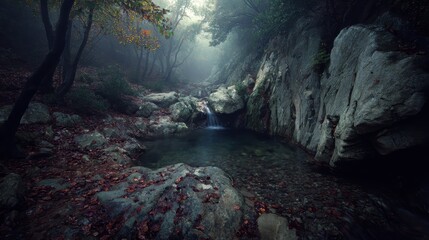 Misty Forest Pool with Rocks and Autumn Leaves in Serene Setting