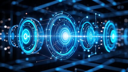 Futuristic blue digital interface circles and glowing network lines on a dark abstract background.