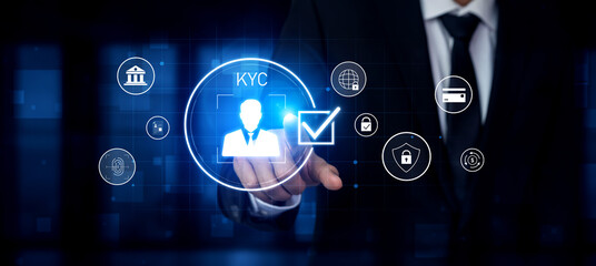 Digital KYC verification with biometric scan, ID authentication, and financial security icons representing identity verification, secure onboarding, fraud prevention, and compliance Vouch
