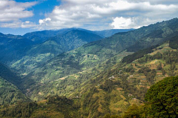 Beautiful Sun rays falling on Himalayan mountain range, play of light, scenic beauty of Okhrey, sikkim, India. Okhrey village a remote place in Sikkim where mountain range view is enjoyed by tourists.