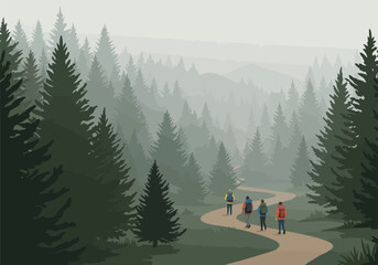 A group of friends on a scenic hiking adventure, walking along a winding trail through a dense and foggy pine forest with mountains.