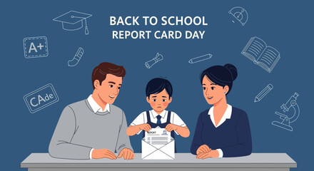 Nervous Child Receiving Report Card From Parents At The School In Classroom