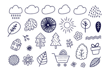 Nature doodle: Captivating doodles showcase elements like the sun, clouds, rain, plants, trees, leaves, flowers, and gifts, beautifully illustrating the essence of nature in an artistic display. 