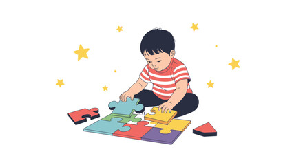 Little Boy Learning And Playing with Colorful Puzzle Pieces Illustration