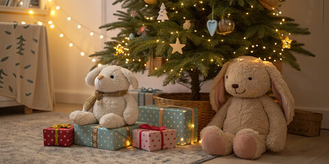 Soft teddy bears sit beside wrapped gifts under a warmly lit Christmas tree. Twinkling lights create a cozy atmosphere perfect for the holiday season