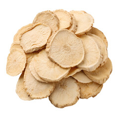 Dried sliced astragalus root isolated on white background