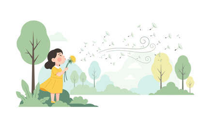 Little girl blowing dandelion seeds in a green nature scene illustration full of whimsy and dreams