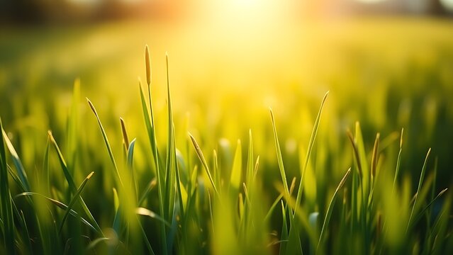 Lush spring grass field with soft sunlight and green tones fading into dreamy bokeh.