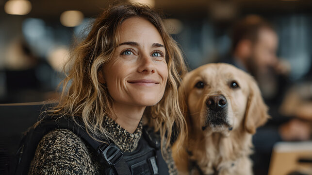 Businesswoman wheelchair service dog office meeting teamwork professional support happy collaboration modern workspace