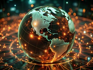 Global network connection over the world. Internet Concept of global business.World map with glowing lines on dark background. Network and communication concept. 3D Rendering	