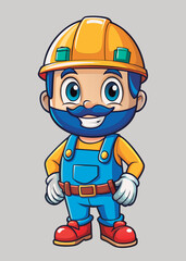 Fototapeta premium Cartoon construction worker in safety helmet and overalls. standing with hands on hips against a plain background. Smiling worker character in a construction themed setting.