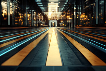 Fototapeta premium Glowing futuristic grid with alternating blue and gold lines in a modern corridor during sunset