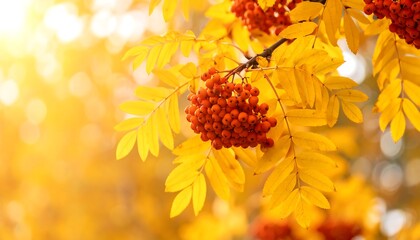 Autumn rowan berries on yellow leaves