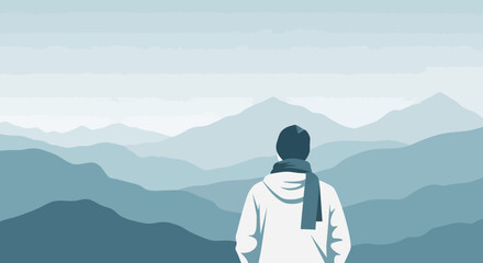 Man Contemplating Distant Mountains In a Dreamy Minimalist Blue Landscape