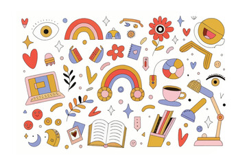 Joyful Doodle Collage: A vibrant collection of hand-drawn icons comes to life. The artistic details, ranging from rainbows and hearts to books, cups and laptops, evoke feelings of comfort, optimism.