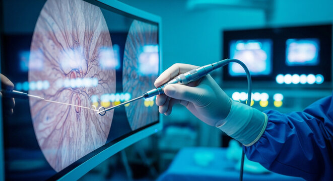Surgeon's Hand Performing Minimally Invasive Surgery with Endoscopic View on Monitor in Operating Room