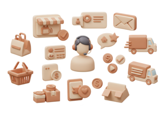Online Commerce: A vibrant 3D render showcasing essential elements of online business, including the storefront, delivery, payment, support service