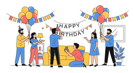 Fototapeta premium People Celebrating A Birthday Party With Balloons And Decorations In The House