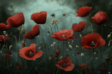 Obraz premium Gentle breeze moves through a colorful meadow filled with vibrant red poppies under a cloudy sky