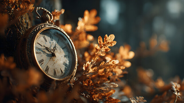 Concept, daylight saving time. Sommer time, winter time, changeover, switch of time. Sommer or winter time. Clock as a timer for celebrations. Autumnal forest and leaves.