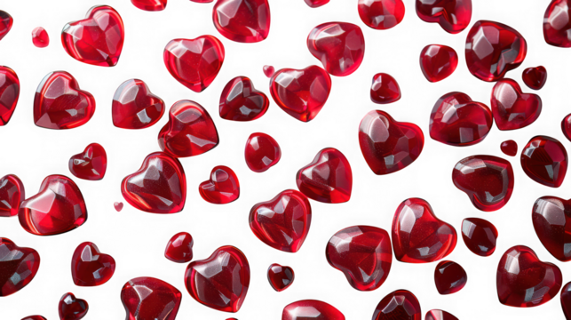 A beautiful scattering of red heart shaped gems creates a romantic and loving background for valentines day isolated on transparent background