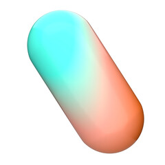 Minimalist 3D rendered capsule with a smooth cyan and orange color gradient. Abstract geometric object isolated on a white background.