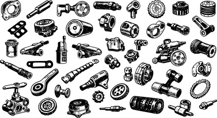 Car service, auto shop and garage with car motor oil components isolated icons set on white background