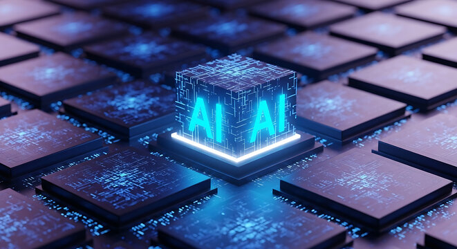 Vector art of artificial intelligence cube glowing with digital network and data processing