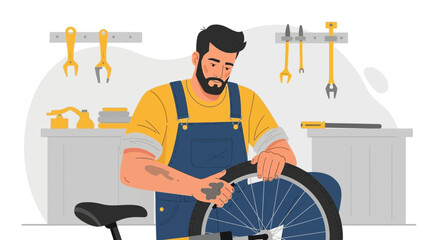 Man Repairing Bicycle Wheel in Workshop Handcrafted Illustration Style