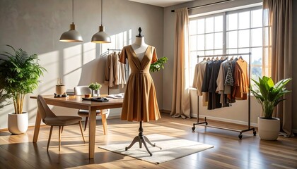 Dress Displayed on Mannequin in Bright, Airy Studio with Clothing Rack