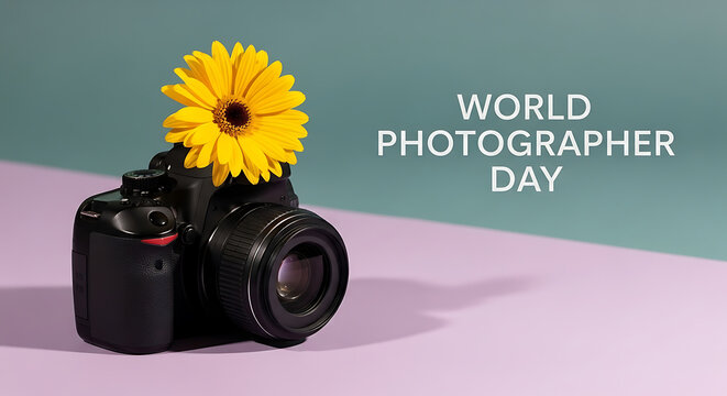 World photographer day celebration with a camera adorned with a yellow flower