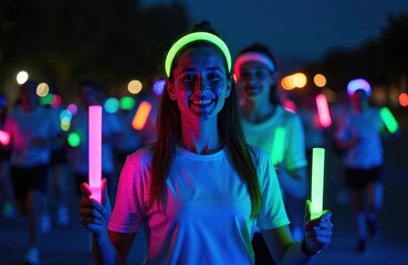Group of runners participates in nighttime fun run event, holding glowing neon sticks. Participants wear headbands, light-up accessories. Scene features vivid colors from neon lights against dark
