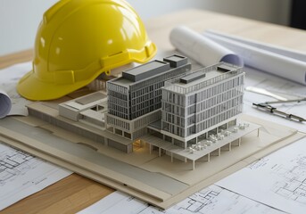 Architectural Model with Blueprints, Hard Hat and Tools - Construction and Design Concepts.