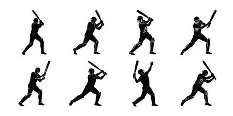 Collection of eight black silhouettes of cricket players in various batting stances and actions, isolated on a white background