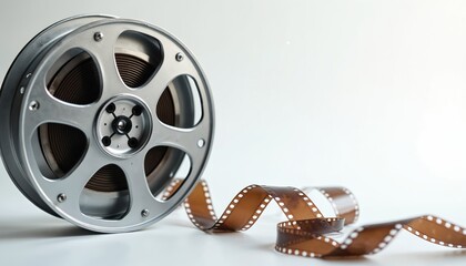 Obraz premium Silver film reel with vintage celluloid movie film unwound. Classic cinema technology object isolated on white background. Retro entertainment media detail, analog technology, nostalgia.