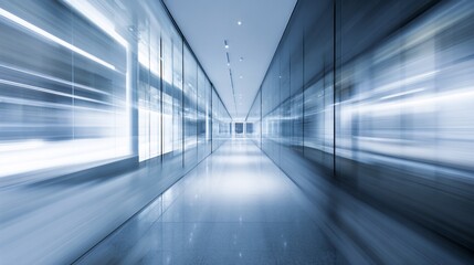 Fototapeta premium Blurred view of a bright, modern hallway, creating a sense of movement in a building.