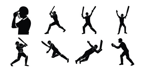 Set of cricket player silhouettes showing batting and fielding actions isolated on white background