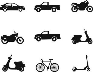 Naklejka premium Vector Car, Bike, and Bicycle Vehicles - Silhouette and Outline Styles