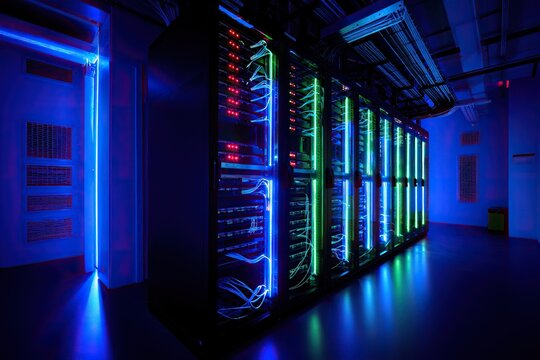 Modern server room with rows of glowing blue and green neon lights illuminating data racks isolated on white background - Powered by Adobe