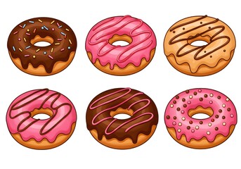 Delicious Donuts Assorted, Colorful, Hand-drawn Food Illustration for Bakery and Cafe Menus.