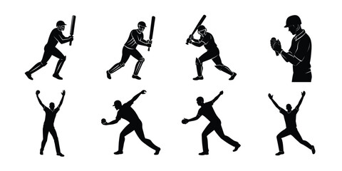 Group of cricket player silhouettes showing batting and bowling actions, isolated on white background